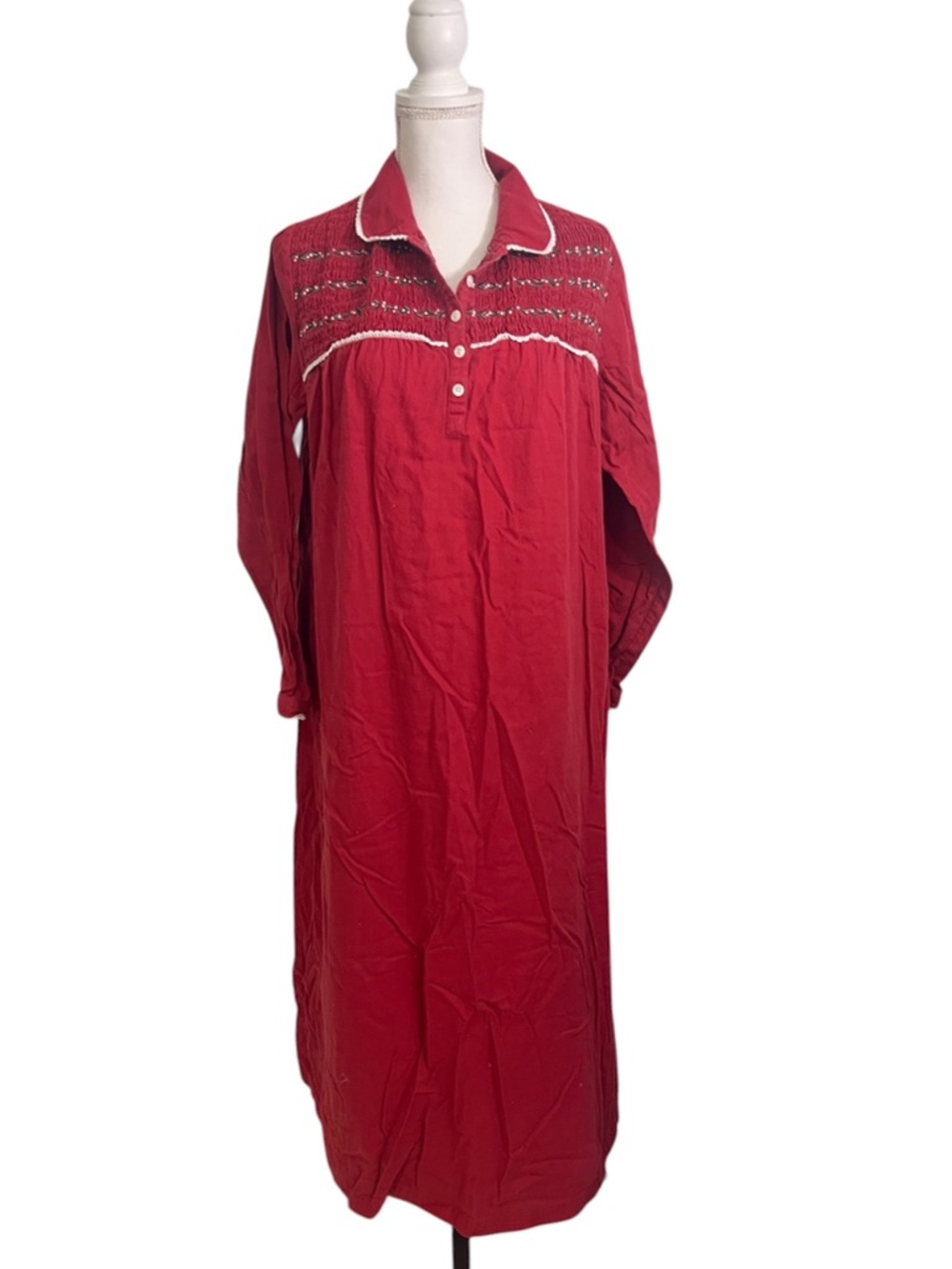 LL Bean Flannel Nightgown Red Smocked Winter Cozy Maine Cottagecore M Retro